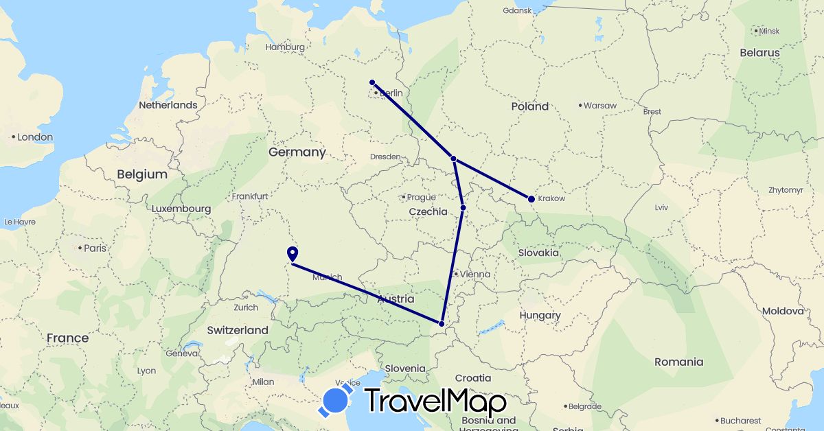 TravelMap itinerary: driving in Austria, Czech Republic, Germany, Poland (Europe)